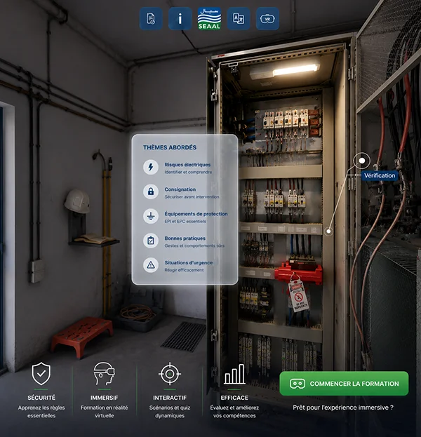 VR electrical safety training module teaching lockout and high-voltage procedures for industrial workers