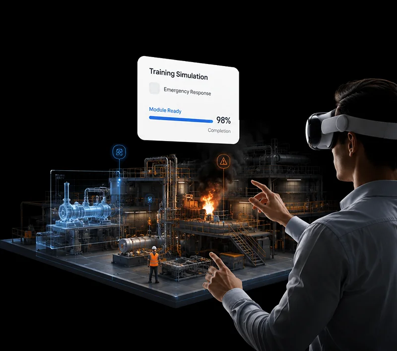 Professional using VR technology to interact with immersive training and visualization environments